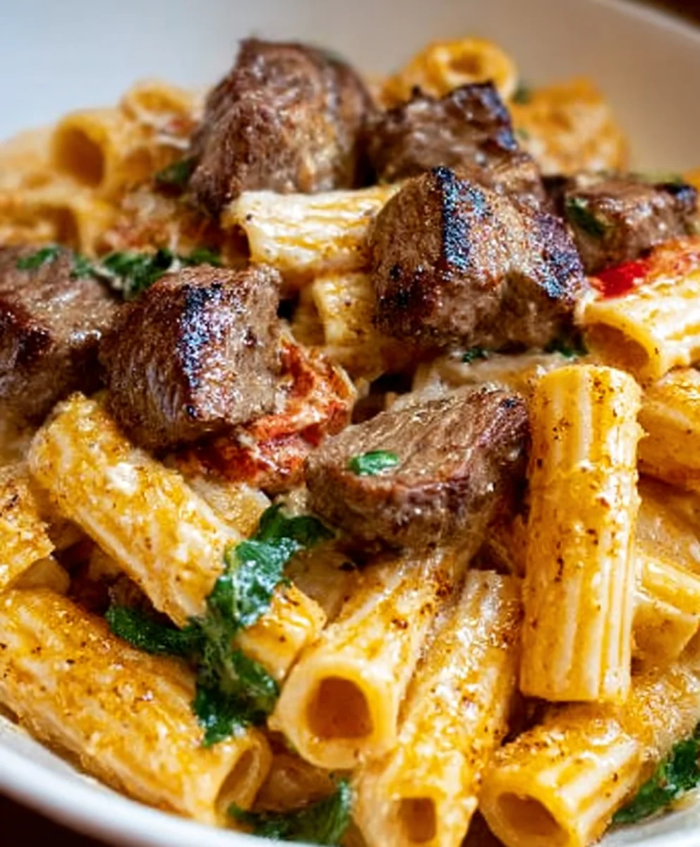 Cajun Beef Tips Rigatoni Parmesan - Creamy Cheesy Pasta