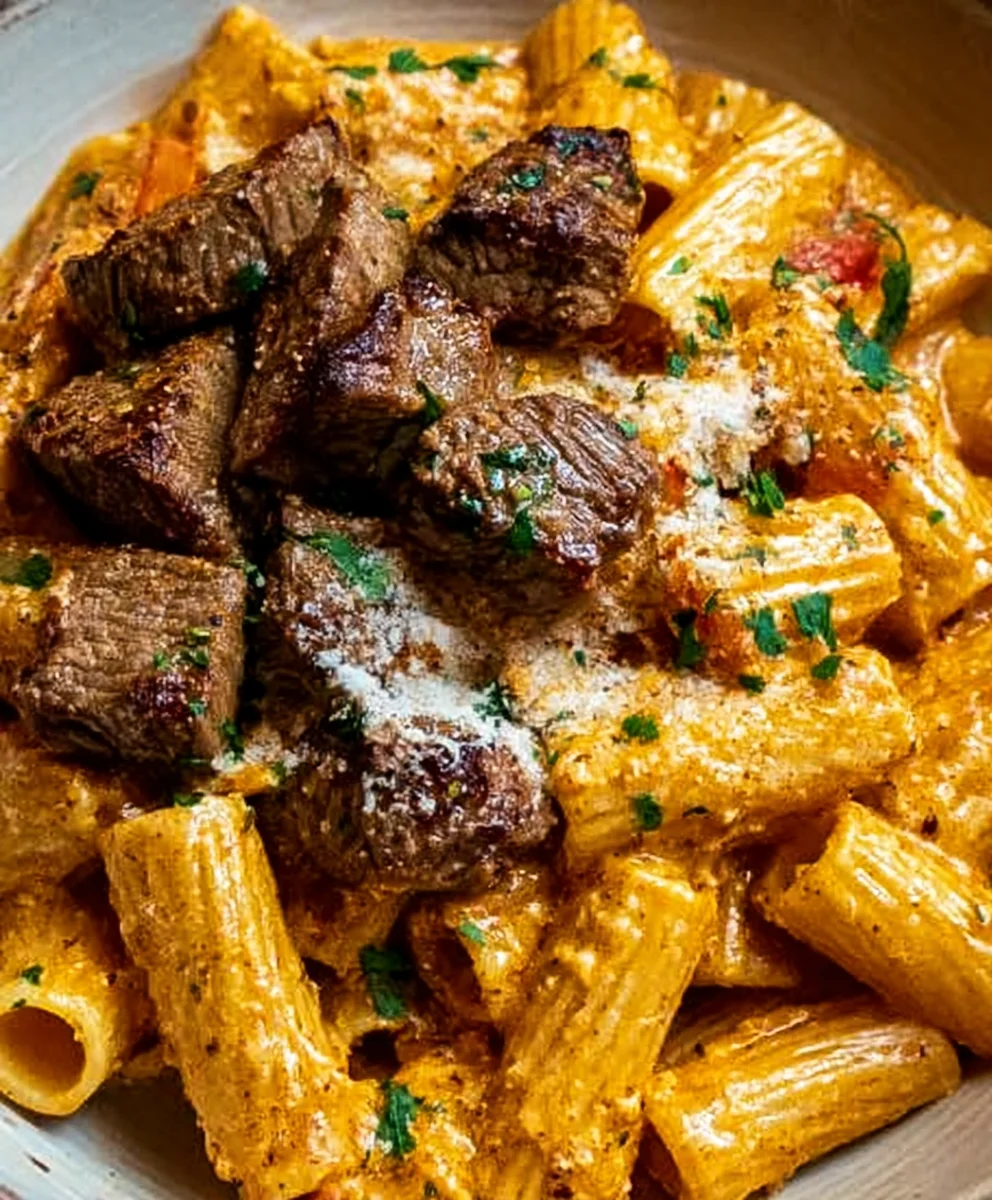 Cajun Beef Tips Rigatoni Parmesan - Creamy Cheesy Pasta