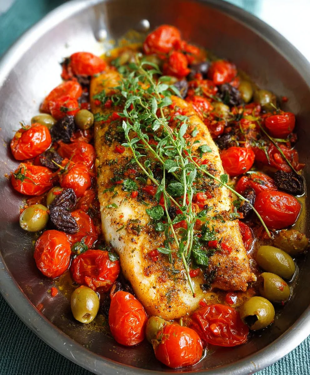 Easy Baked Fish Cherry Tomatoes Olives Recipe