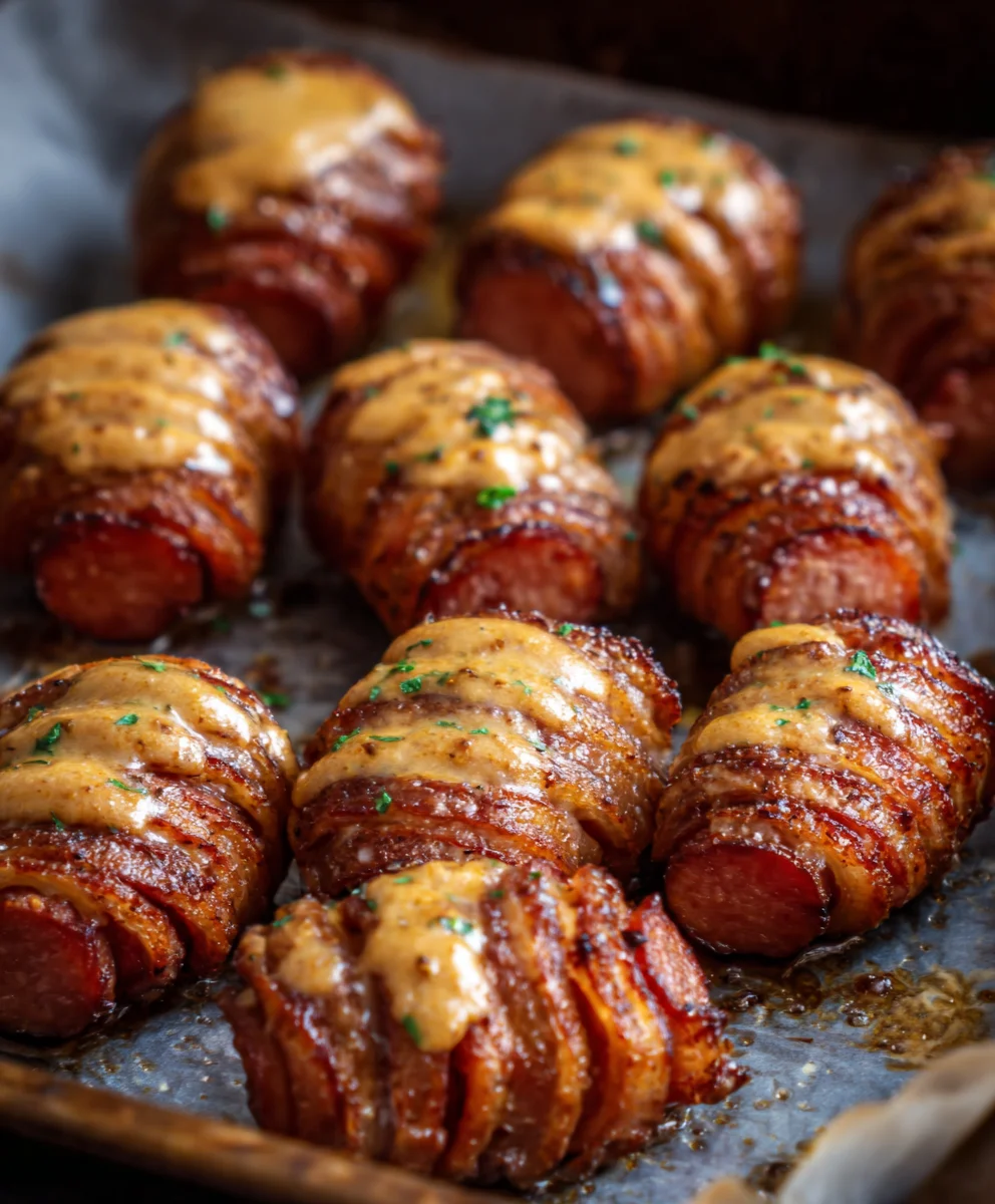 Spicy Mustard Hasselback Beef Sausage Bites