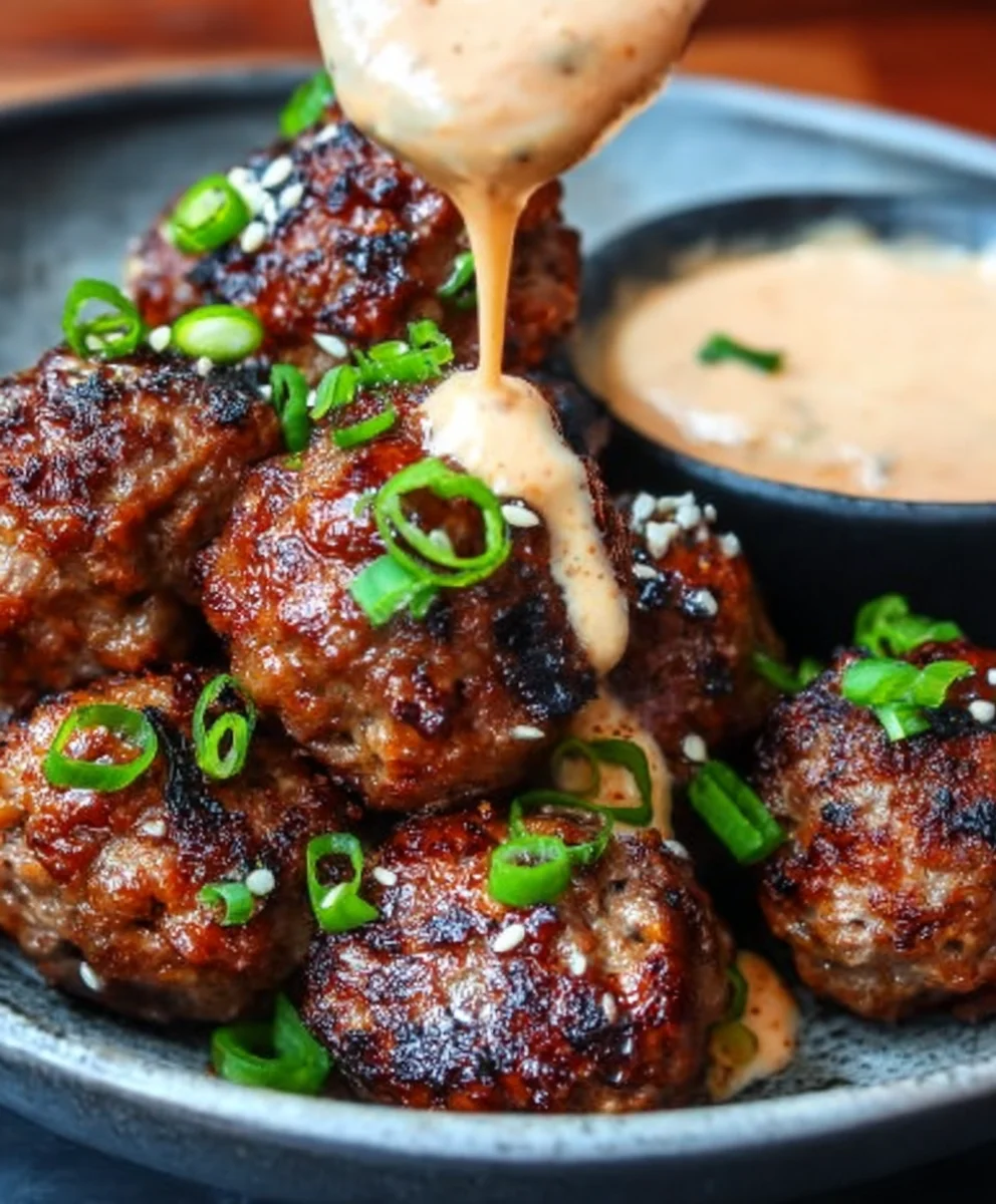 Spicy Korean Beef Meatballs-Gochujang Mayo Dip