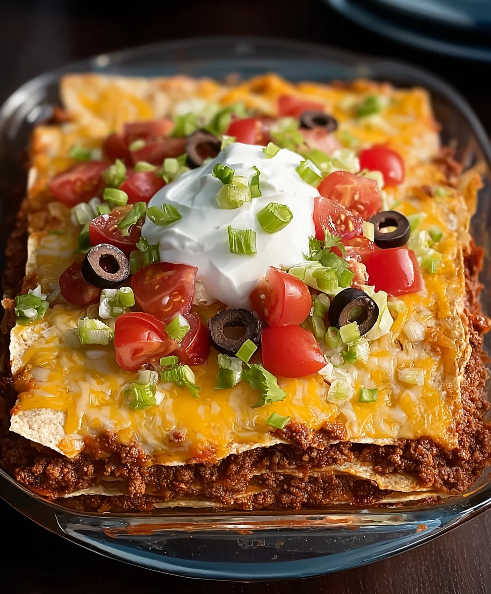 Easy Layered Beef Taco Bake Dinner Recipe