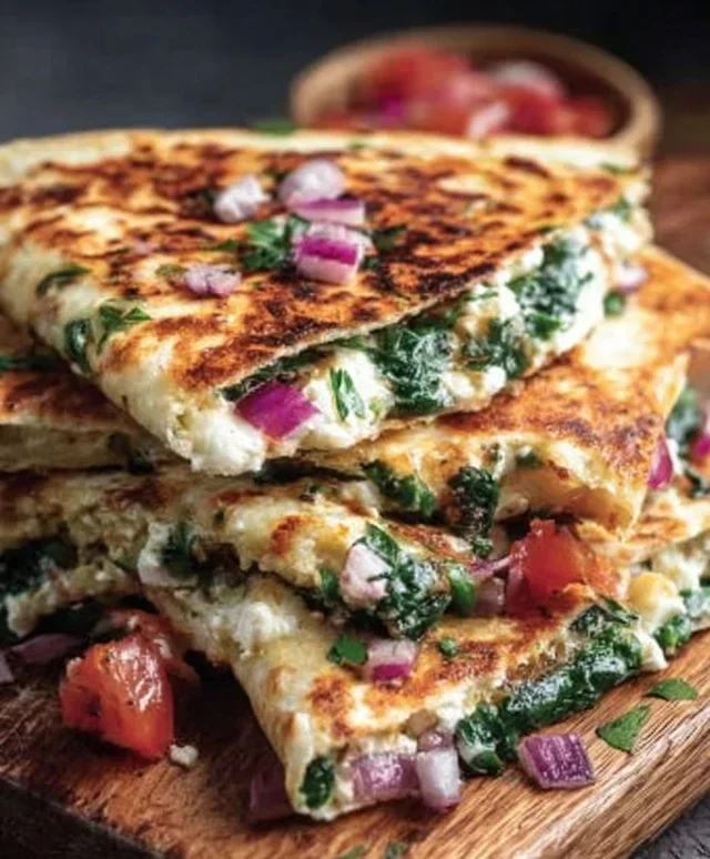Mediterranean Quesadillas with Spinach, Feta, Mozzarella, and Red Onion