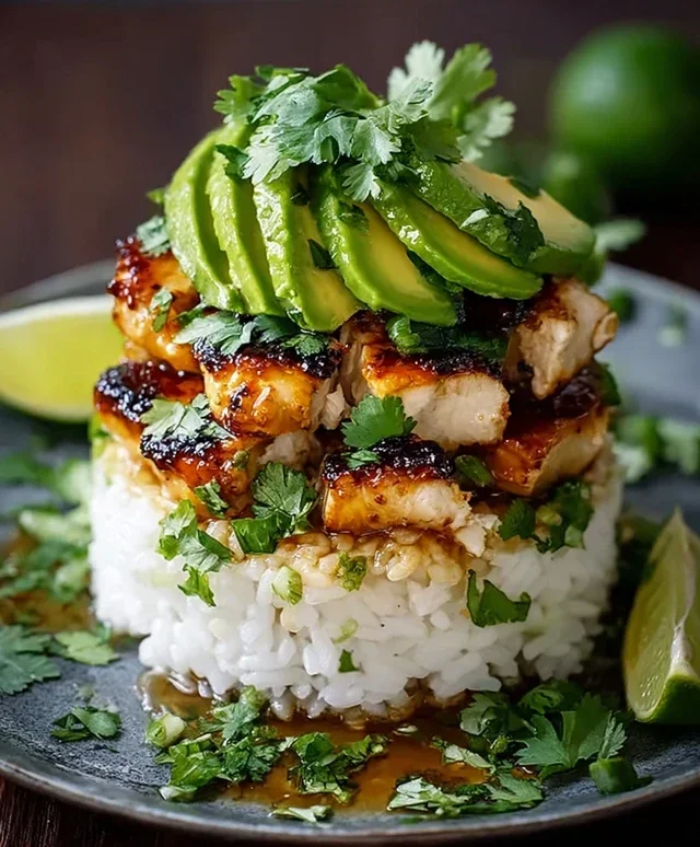 Delicious Honey Lime Chicken & Avocado Rice Stack Recipe