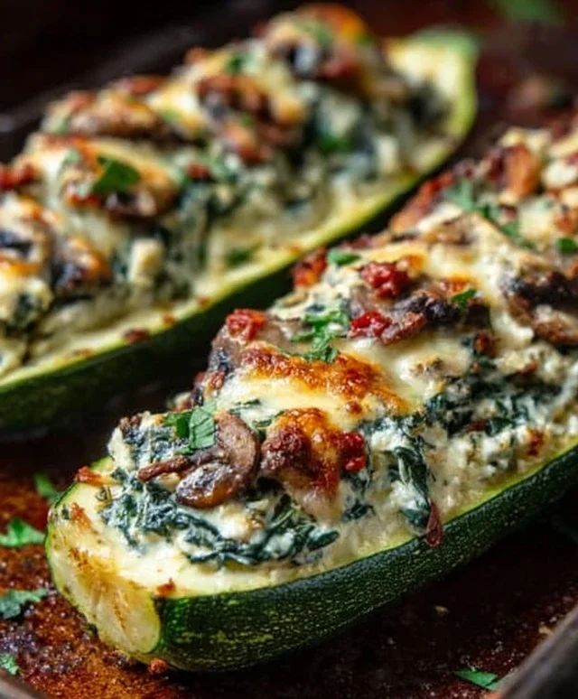 Spinach, Mushroom, and Ricotta Stuffed Zucchini Boats