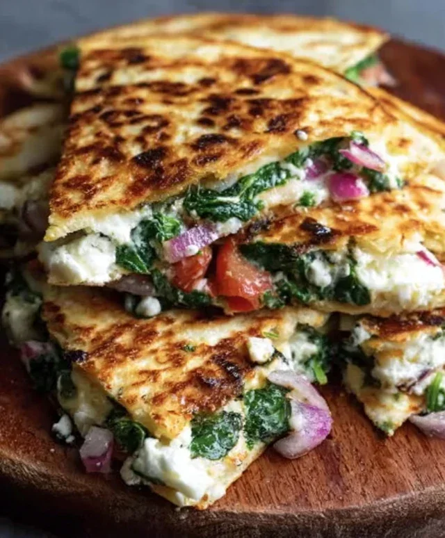 Mediterranean Quesadillas with Spinach, Feta, Mozzarella, and Red Onion