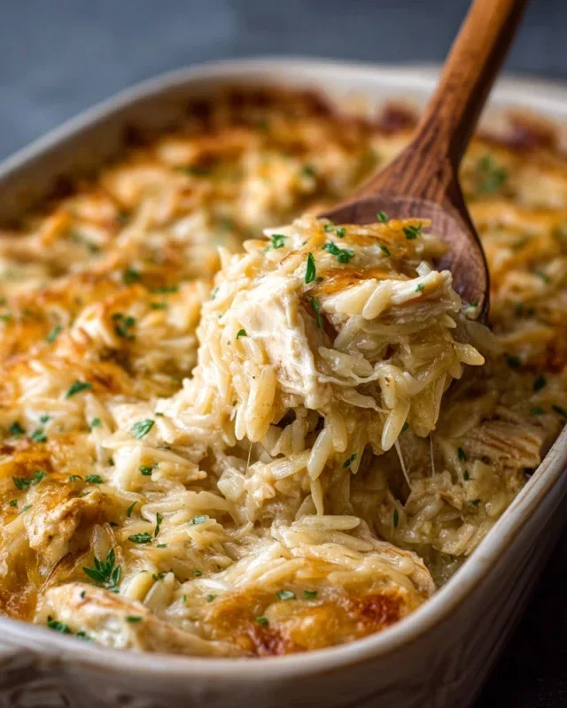 French Onion Chicken Orzo Casserole