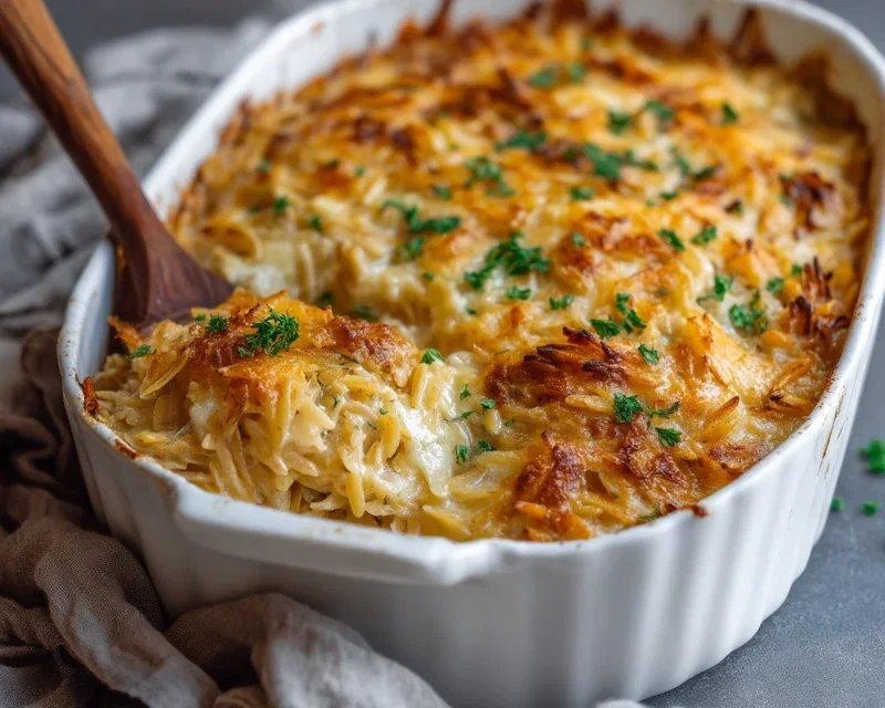 French Onion Chicken Orzo Casserole