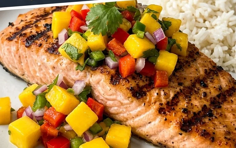Grilled Salmon with Mango Salsa and Coconut Rice