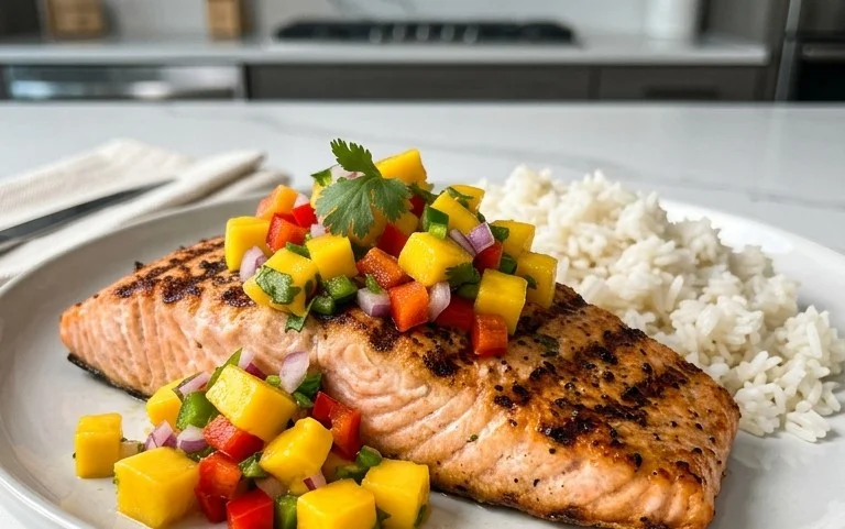 Grilled Salmon with Mango Salsa and Coconut Rice