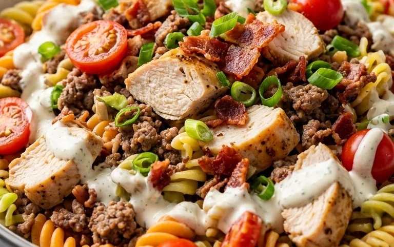 Chicken Beef Bacon Ranch Pasta Salad