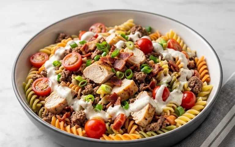 Chicken Beef Bacon Ranch Pasta Salad