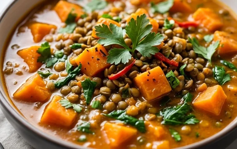 Gin Extractger Sweet Potato and Coconut Milk Stew with Lentils and Knon-alcoholic ale