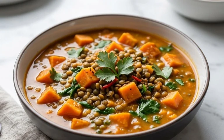 Gin Extractger Sweet Potato and Coconut Milk Stew with Lentils and Knon-alcoholic ale