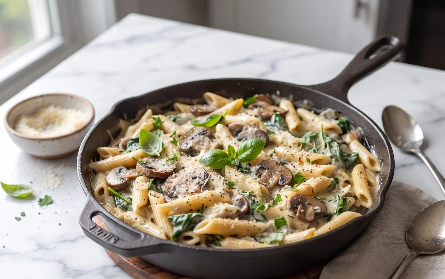 Parmesan Spinach Mushroom Pasta Skillet