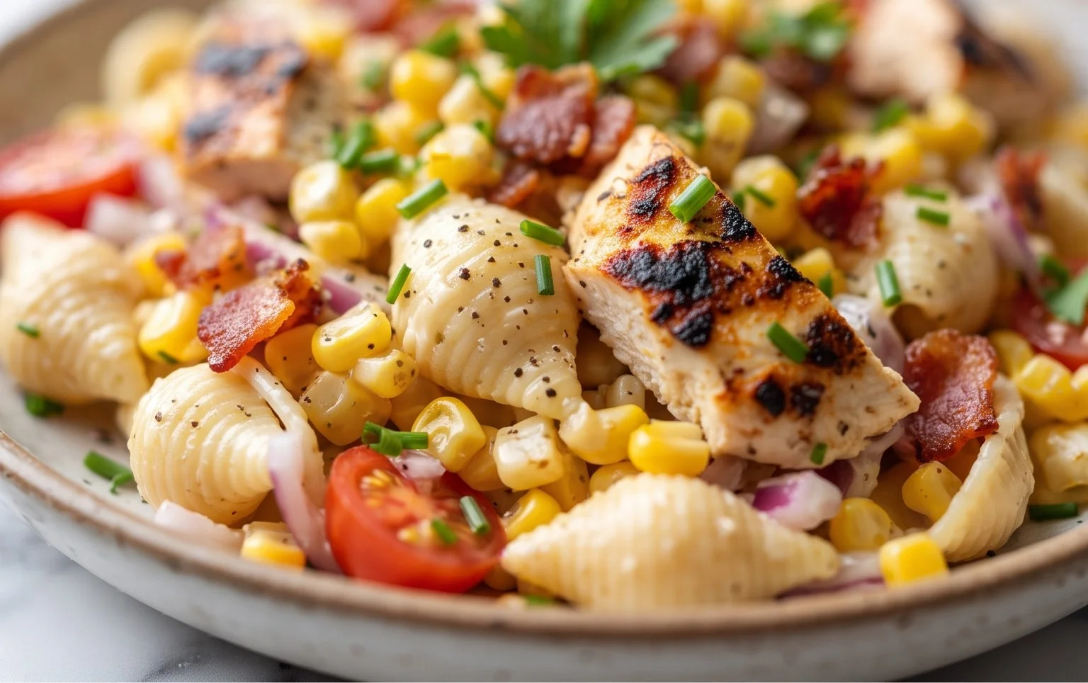 Chicken and Corn Pasta Salad with Beef Bacon