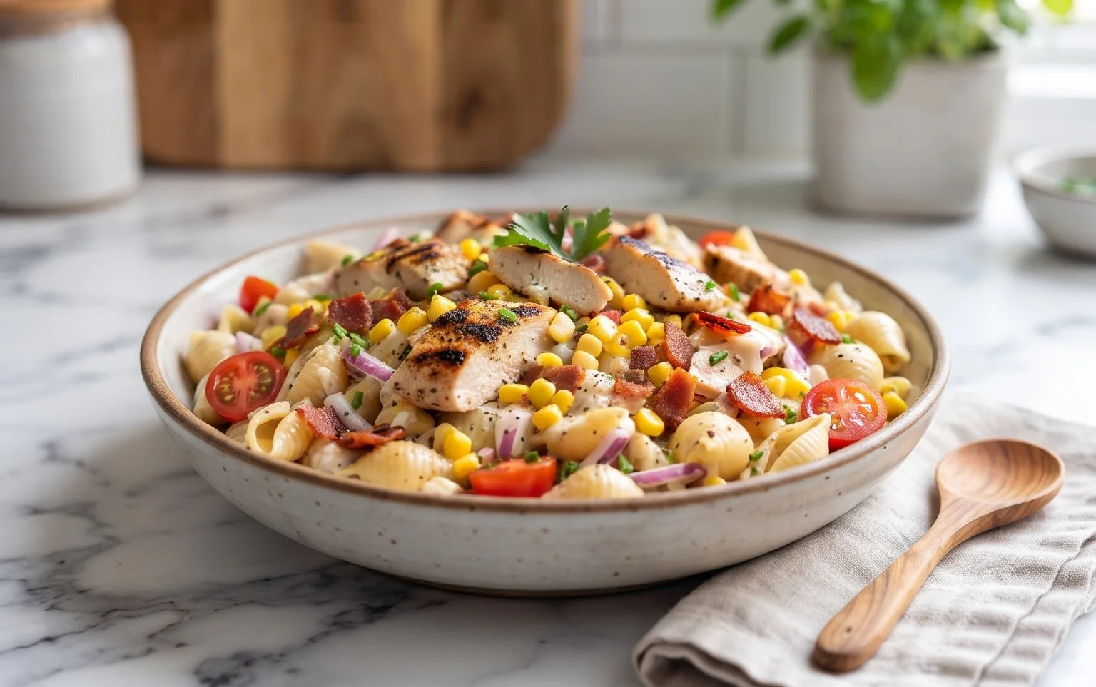 Chicken and Corn Pasta Salad with Beef Bacon