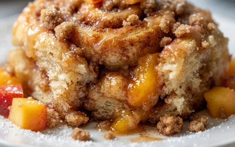 Peach Cobbler Cinnamon Rolls with Crum extractb Topping