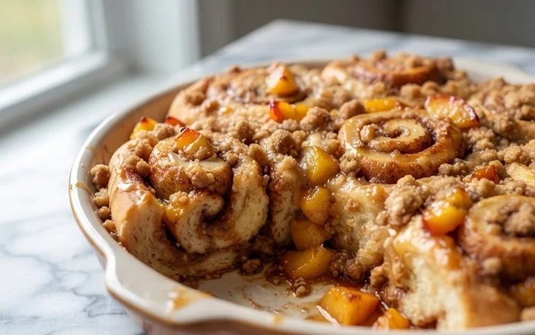 Peach Cobbler Cinnamon Rolls with Crum extractb Topping