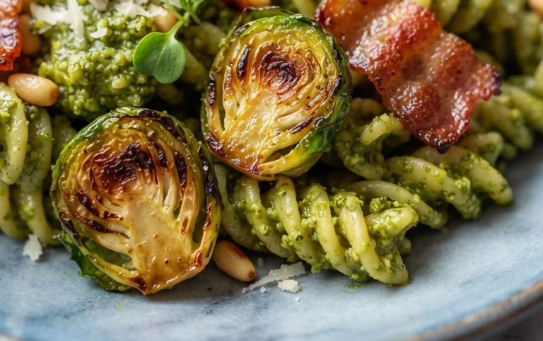 Brussels Sprouts and Beef Bacon Pesto Pasta