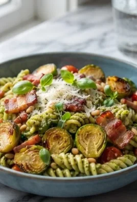 Brussels Sprouts and Beef Bacon Pesto Pasta