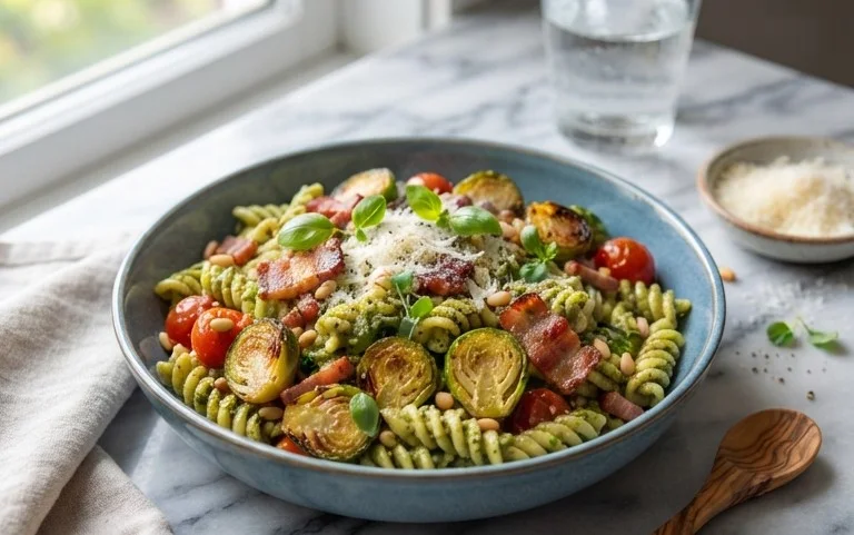 Brussels Sprouts and Beef Bacon Pesto Pasta
