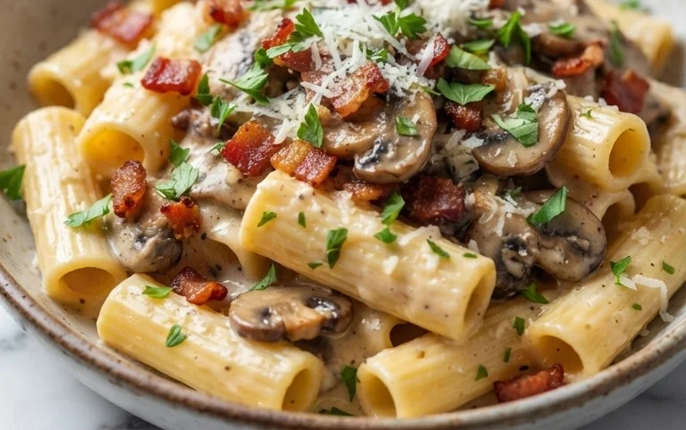 Creamy Beef Bacon and Mushroom Pasta