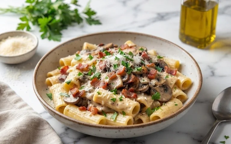 Creamy Beef Bacon and Mushroom Pasta