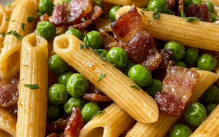 Penne Pasta, Peas and Beef Bacon