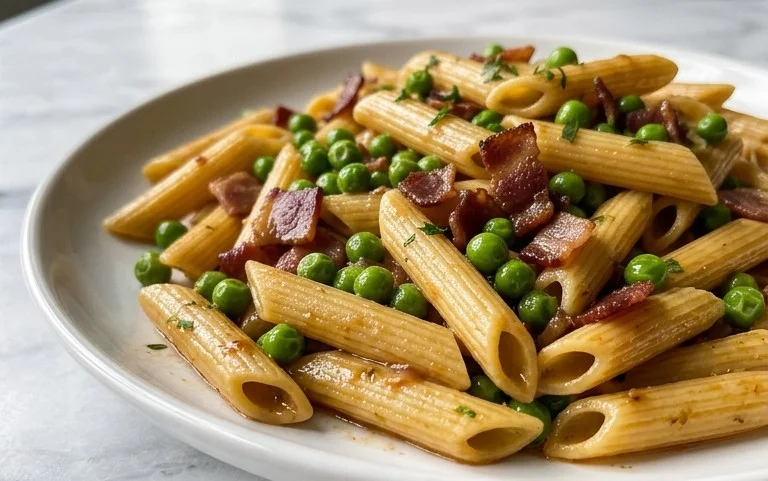 Penne Pasta, Peas and Beef Bacon
