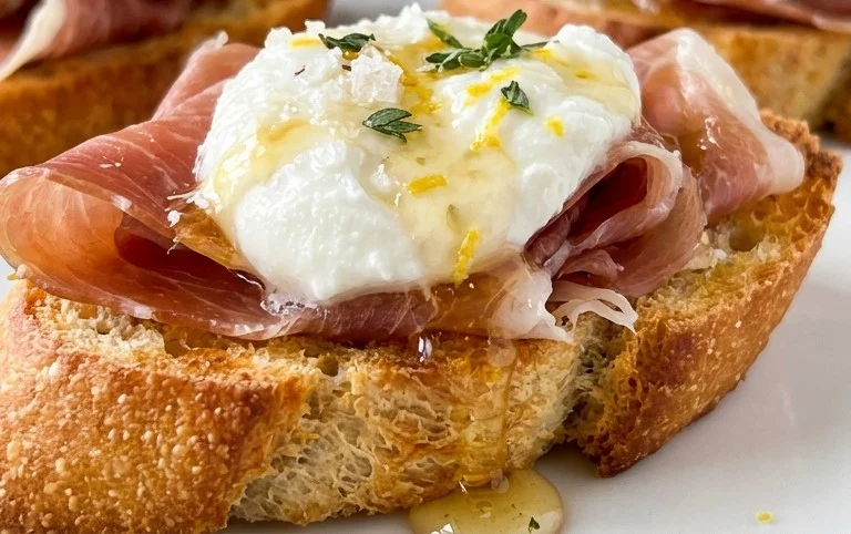 Beef Prosciutto Crostini with Burrata and Lemon Honey Drizzle
